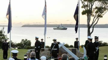Royal Australian Navy training vessel MV Sycamore at anchor off HMAS Creswell during the Anzac Day dawn service. Picture Commonwealth copyright and supplied by Department of Defence