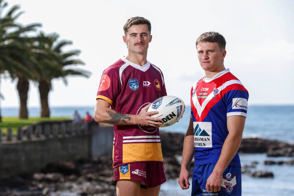 Shellharbour Sharks' Jye Brooker and Gerringong Lions' Wes Pring. Picture by Adam McLean. 