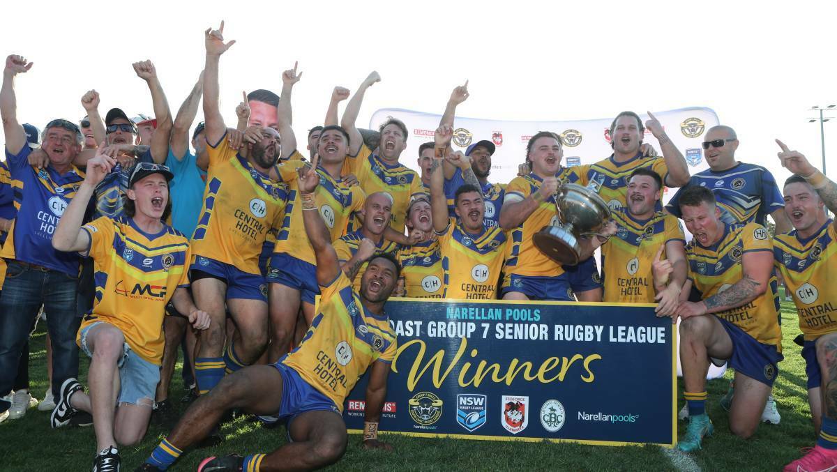 Warilla Lake South Gorillas celebrate their Group Seven grand final victory after beating Gerringong Lions 16-14 at Centenary Field. Picture by Robert Peet