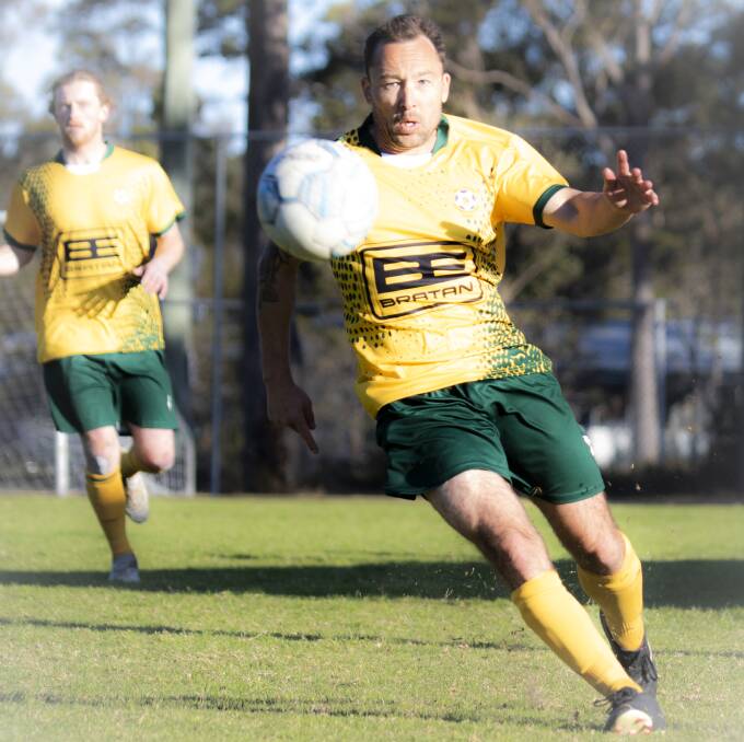 Shoalhaven FC's Dale Russell in action against Hilltop. Picture by Team Shot Studios. 