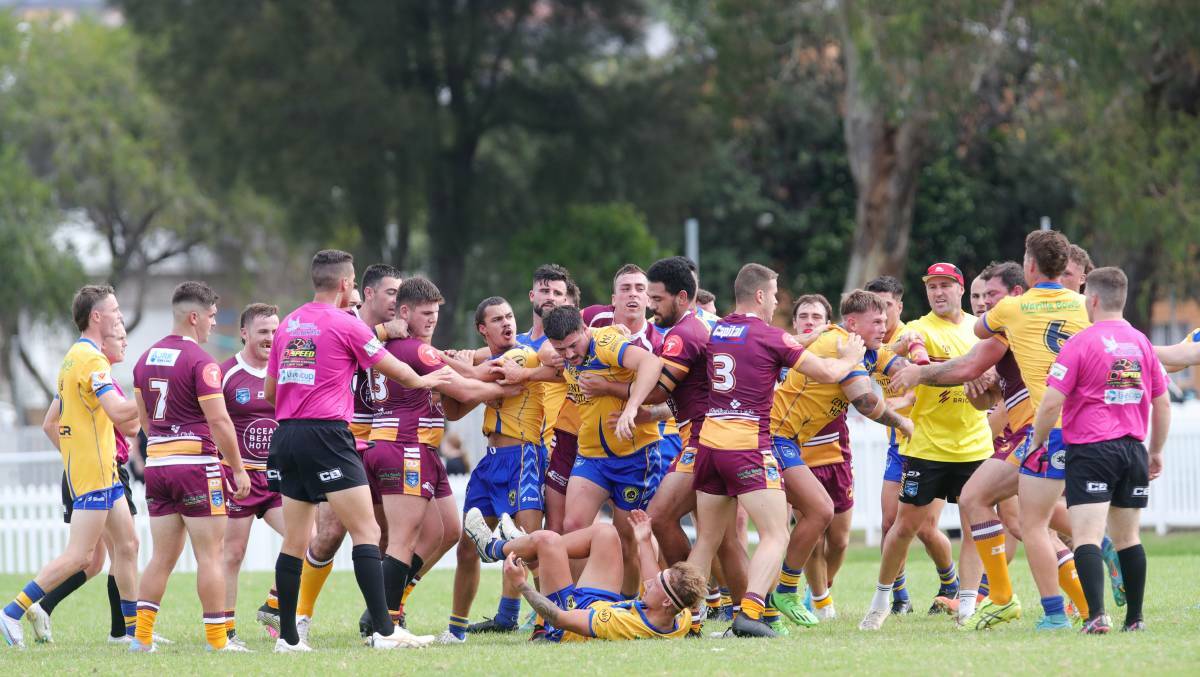 This all-in brawl at Ron Costello Oval saw Shellharbour five-eighth Emmanuel Sultana and Warilla hooker Samuel Hooper sent to the sin-bin for 10 minutes. Picture by Sylvia Liber
