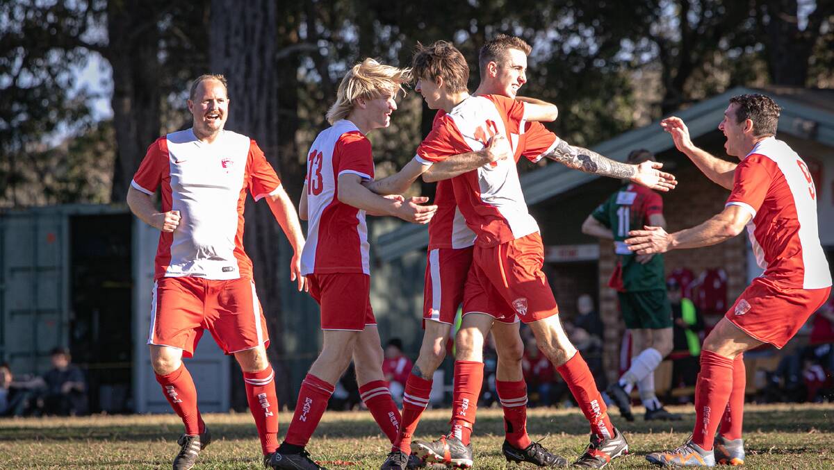 St Georges Basin celebrating Rory Meyer's goal on Saturday. Picture by Tamara Lee. 