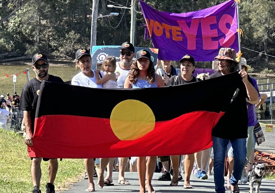 Aunty Vivienne Mason delivered a very moving Welcome to Country at Narooma's Apex Park on September 17 before helping lead 215 walkers along the boardwalk and over the Wagonga Inlet bridge. Picture supplied
