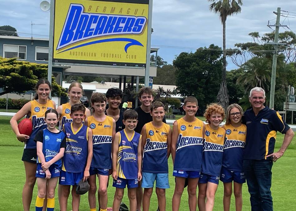 The kids at Bermagui Breakers cannot wait for the 2024 AFL season to begin, particularly with the club's new electronic signboard. Picture by Marion Williams
