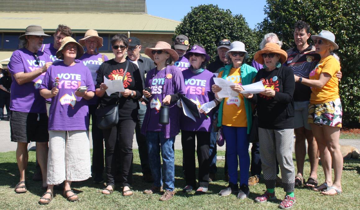 Members of the Shoalhaven Alliance for Yes 23 formed a flash mob choir beside one of Nowra's busiest polling places - the Nowra Wesley Centre, singing up support for the Voice. Picture by Glenn Ellard.