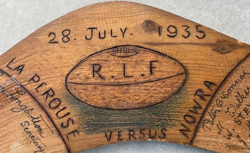Key features of the boomerang carved by George Hanley in 1935, ahead of a rugby league game between Indigenous teams from Nowra and La Perouse. Picture supplied.
