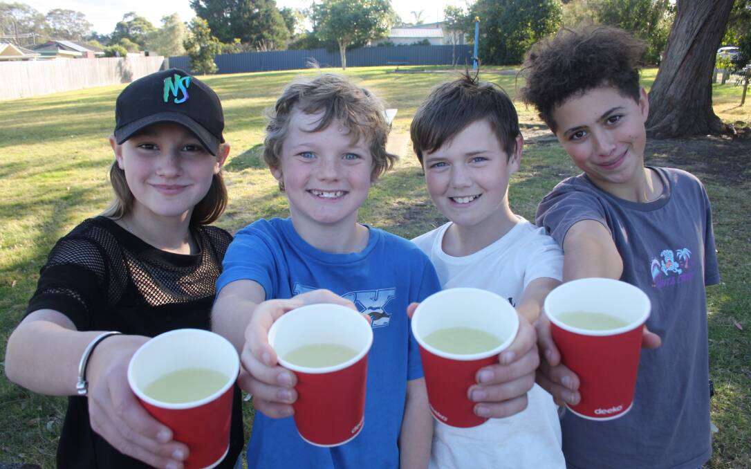 Selling cups of freshly made lemonade in North Nowra on the weekend are Gracie Petersen, Calleb Towne, Cruze Maloney and Aaron Reeves. Picture by Glenn Ellard.