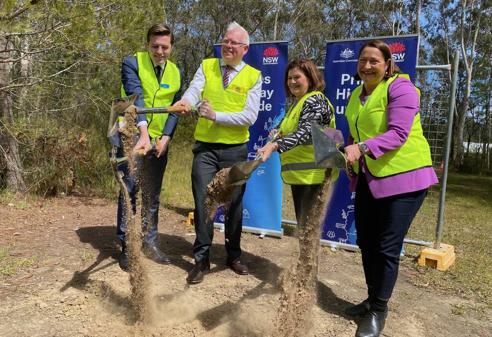 Shoalhaven's Council's deputy mayor Paul Ell joins State Member for Kiama Gareth Ward, the ten State Member for South Coast Shelley Hancock, and Federal Member for Gilmore Fiona Phillips to turn the first sod at the Jervis Bay flyover in December 2022. Picture by Glenn Ellard.