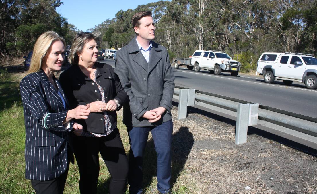 Shadow Roads Minister Natalie Ward joined Shoalhaven Councillors Serena Copley and Paul Ell to look over the intersection of the Princes Highway and Jervis Bay Road, where and overpass is due to the built to ease traffic problems. Picture by Glenn Ellard.