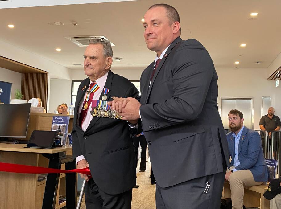 Nowra Veteran Wellbeing Centre manager Jason Grimes, pictured with Keith Payne VC during the centre's opening in December. Picture by Glenn Ellard.