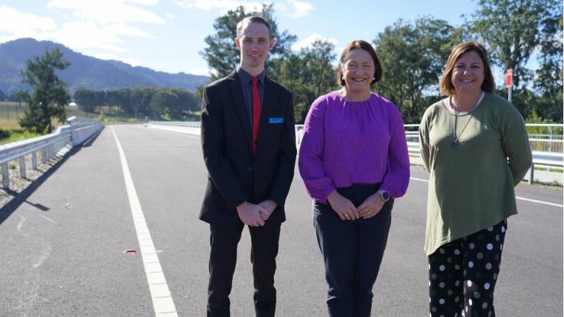 Shoalhaven Council deputy mayor Matthew Norris joins Federal Member for Gilmore, Fiona Phillips, and Federal Member for Regional Development, Kristy McBain, inspecting the Far North Collector Road. Picture supplied. 
