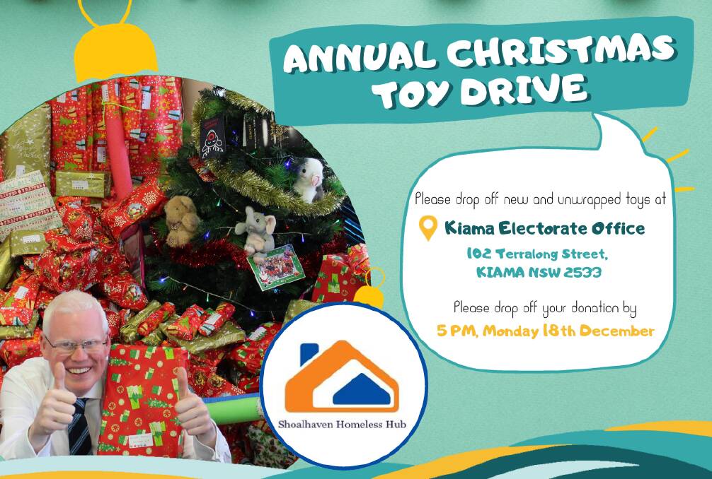State Member for Kiama, Gareth Ward, is collecting gifts to give to the Homeless Hub. Picture supplied.