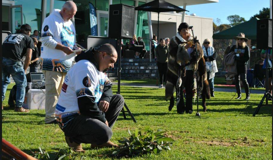 Vic Channell (front) started the smoking ceremony while Deb Sturgeon (right) led the Welcome to Country at the 2018 Ngulla NAIDOC Festival. File photo.