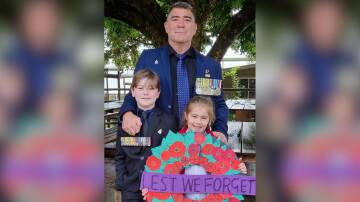 RSL Ambassador Pete Rudland with his son Talon and daughter Elkie on Anzac Day in 2023. Picture supplied