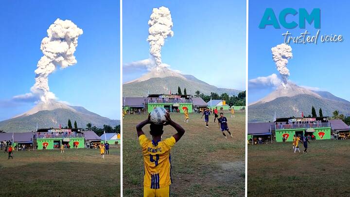 Two village football teams continued to play despite the eruption. Picture by X / Volcaholic