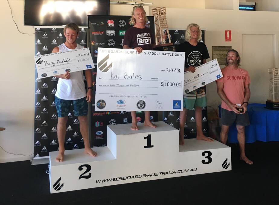 ALL SMILES: Mollymook's Kai Bates stands on top of the podium after winning the recent ECS Stand-Up Paddle Board title at Surfest Newcastle. 