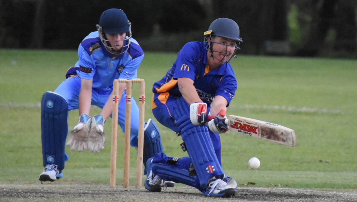 In form: Ulladulla United's Sam Lee plays a sweep shot during his valuable 41-run innings against Bomaderry last weekend. Photos: DAMIAN McGILL