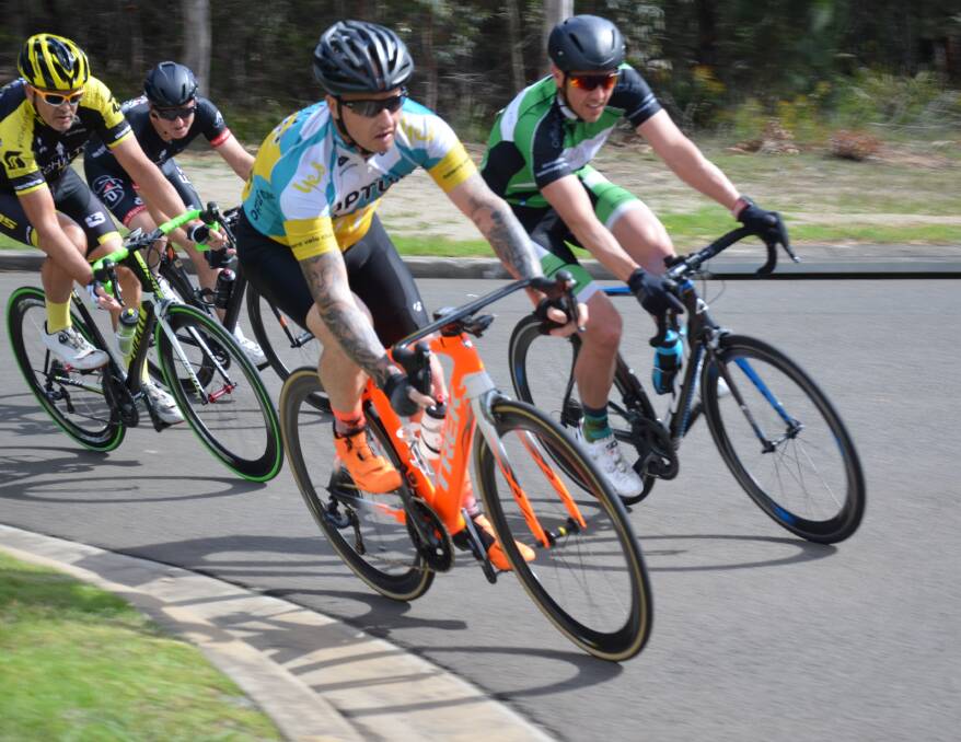 Close quarters racing: Nowra Velo Club B Grade criterium action on Sunday with Scott James, Josh Henry, Adam Rourke and Tim Devlin battling it out.