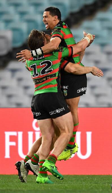 Cody Walker and his South Sydney team mates celebrate a try. Photo: RABBITOHS MEDIA