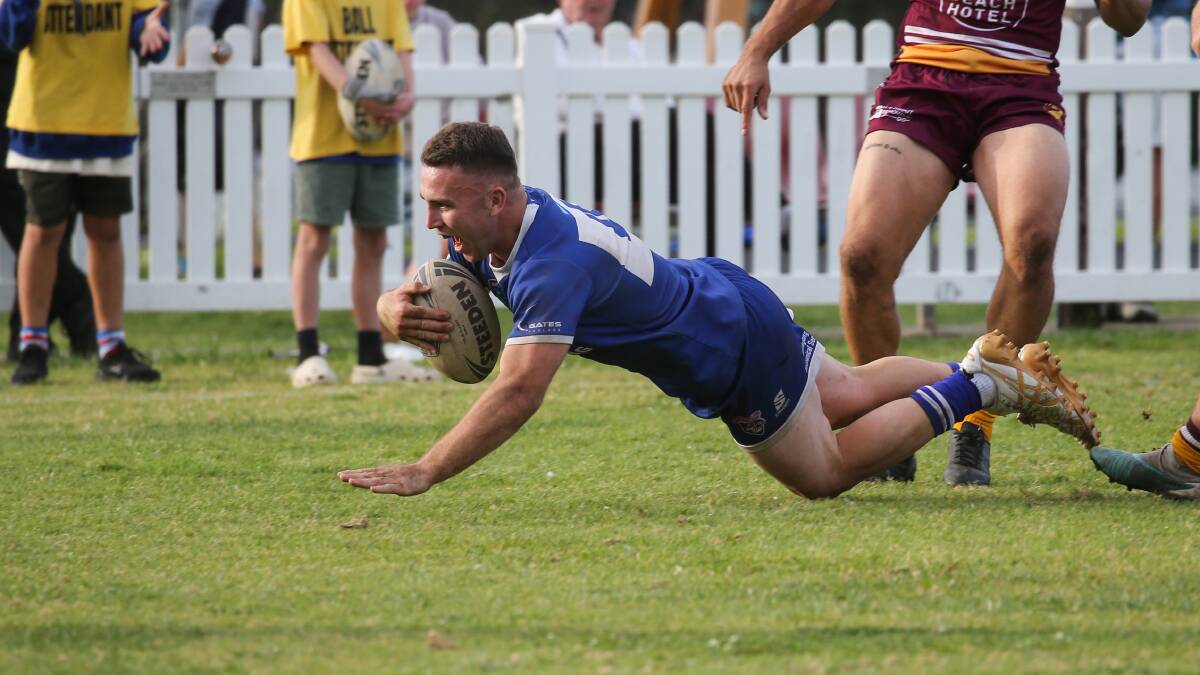 Gerringong centre Hamish Holland crashes over for a try in the Lions 26-10 victory over the Shallharbour Sharks at Michael Cronin Oval on Sunday. Picture by Game Face Photography
