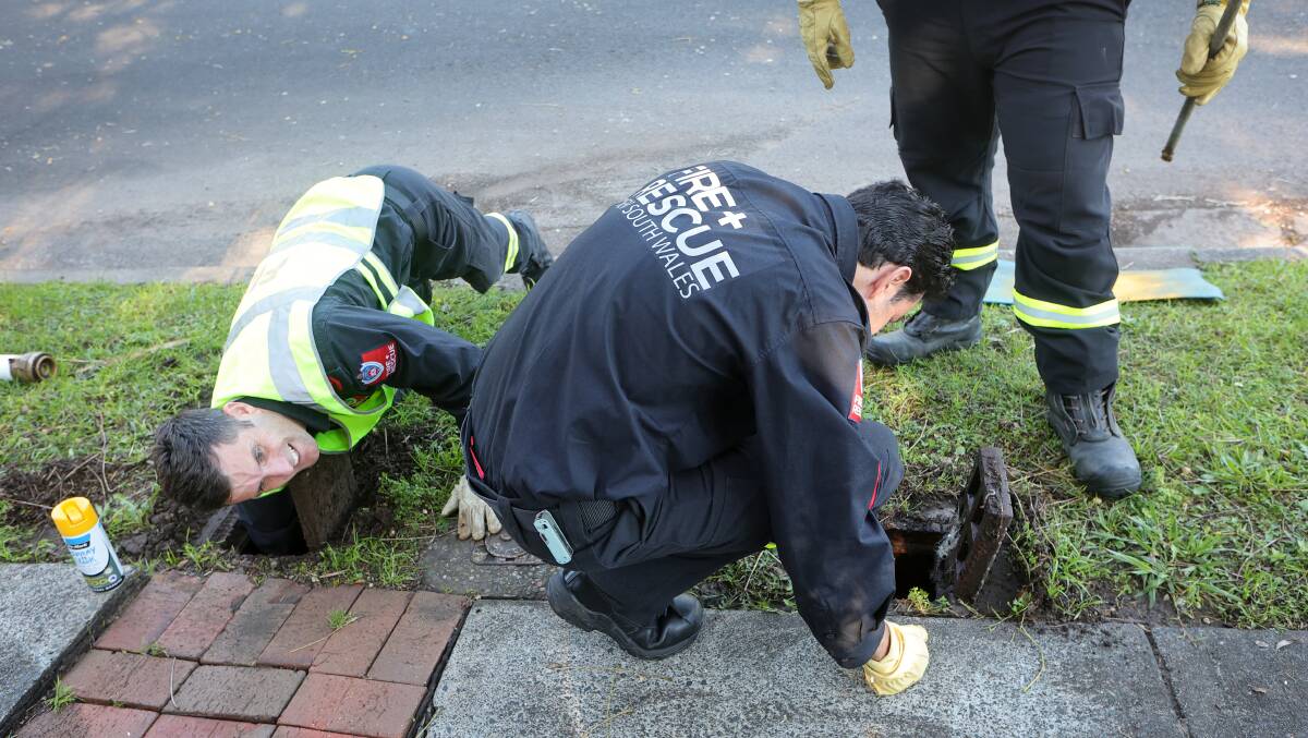 Firefighters Rhys Dawson, Josh Saacks, Josh Anderson and Matt Kelly uncovering a hydrant that had been buried under grass in Kiama. Pictures by Sylvia Liber, Fire and Rescue NSW 